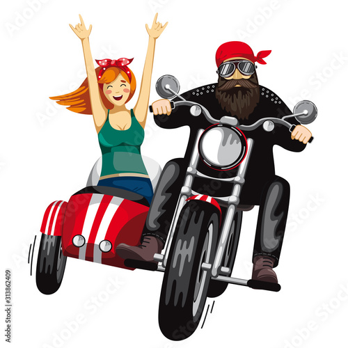 red sidecar  motorcycle. the biker behind the wheel. white background. the passenger girl raised her hands in joy