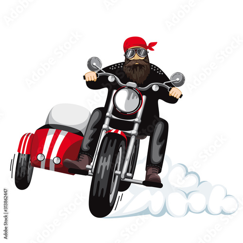red sidecar  motorcycle. the biker behind the wheel. white background. 