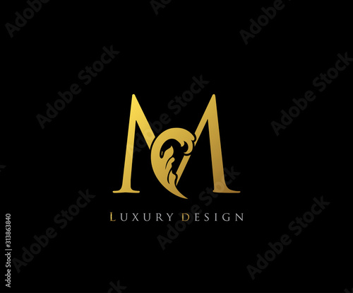 Golden Letter M Logo Icon . Initial Letter M Design Vector Luxury Gold Color.Print monogram initials stamp line art sign symbol.