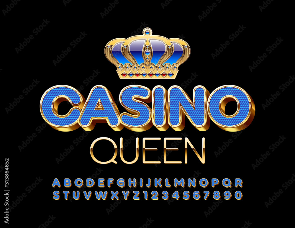 Vector royal banner Casino Queen with Blue and Gold Font. Luxury elite Alphabet Letters and