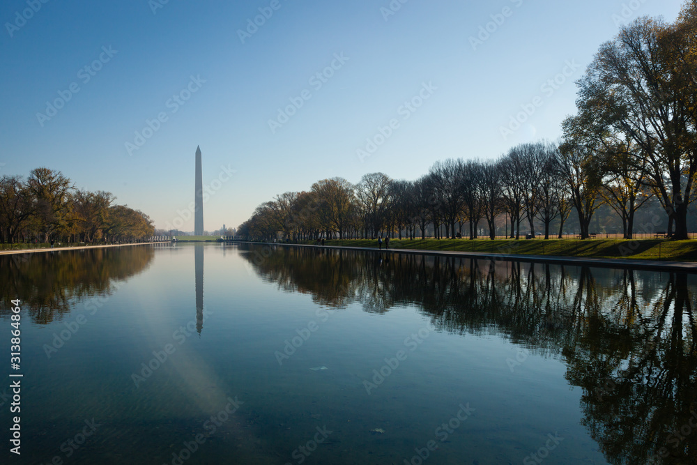 Washington DC - December 6, 2015:  The Washington Monument can be seen across the reflection pool