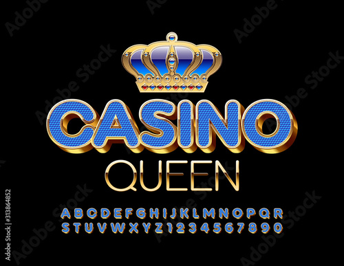 Vector royal banner Casino Queen with Blue and Gold Font. Luxury elite Alphabet Letters and Numbers