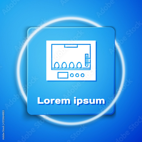 White Incubator for eggs icon isolated on blue background. Blue square button. Vector Illustration
