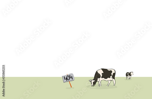 vector plate with the number 404 is in the field where the cows graze. internet error page