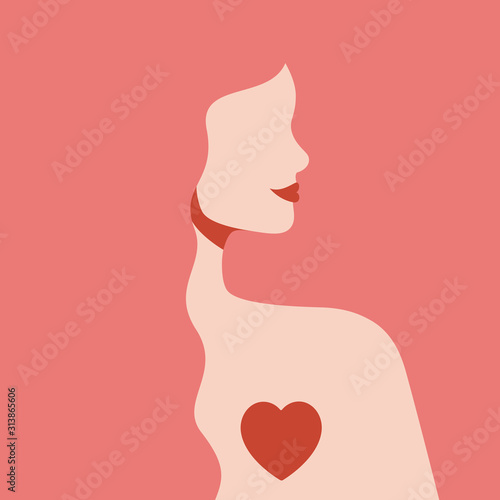 Silhouette woman with love in her heart. Girl with long pink hair and red lip...
