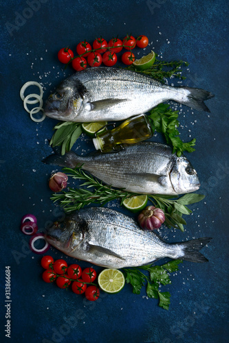 Raw dorado fish with ingredients for making : tomato, citrus, herbs, garlic, olive oil and salt. Top view with copy space.
