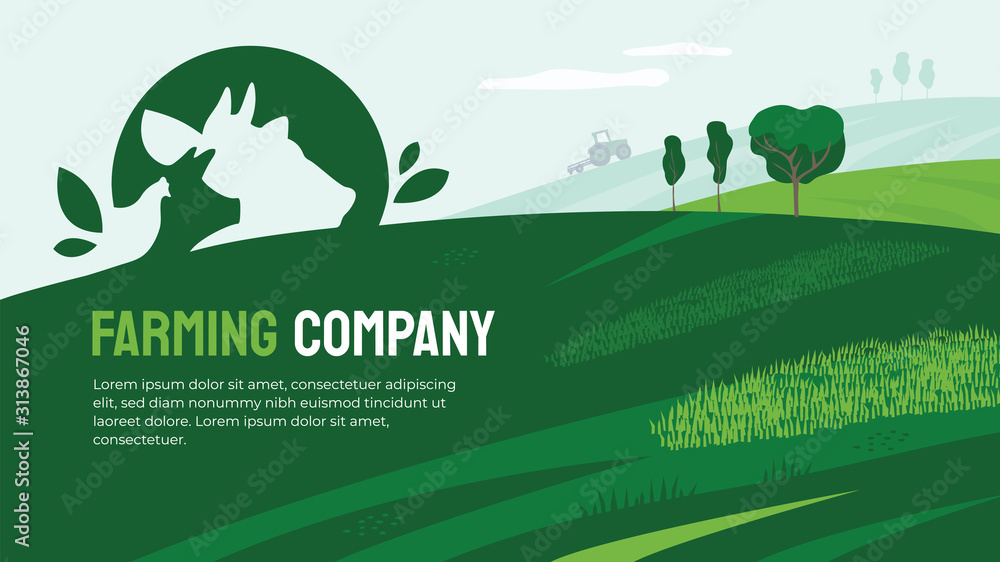 Vector illustration of agriculture with farm animals icon. Design for farming company with agricultural field and tractor. Logo with cow, pig and chicken. Template for banner, print, flyer, layout, ad - obrazy, fototapety, plakaty 