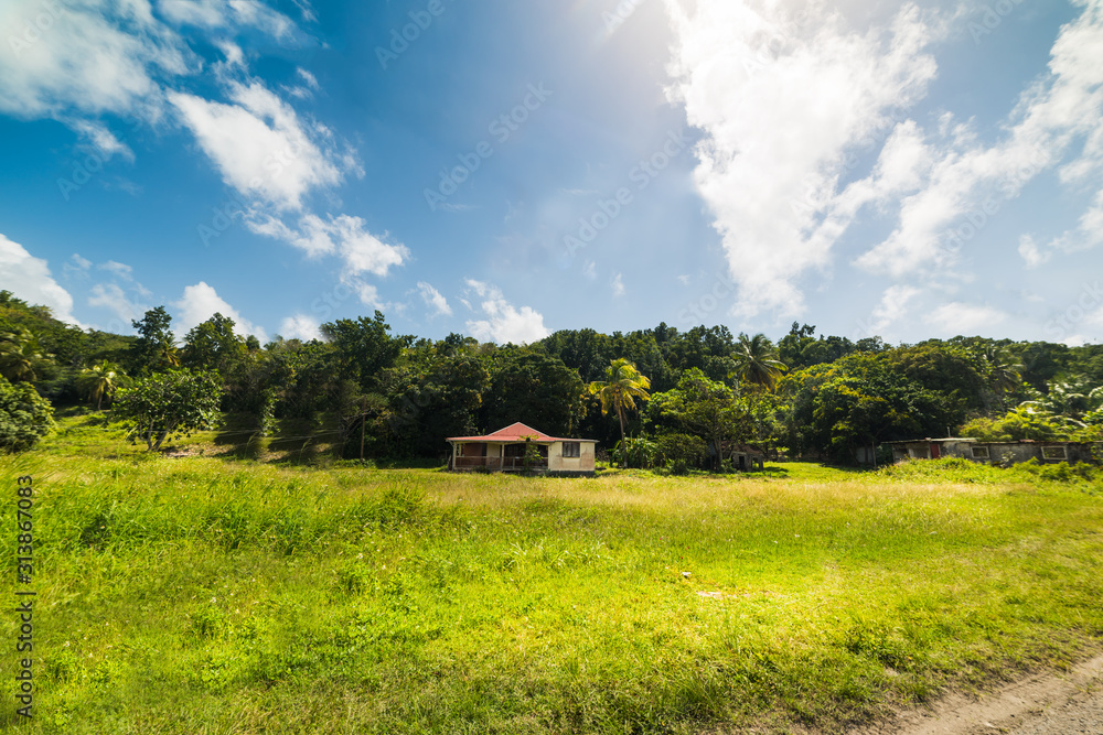 House in Guadeloupe countryside under a shining sun