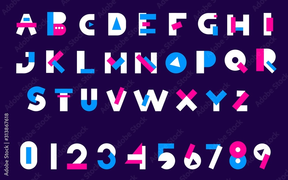 Vector set of modern abstract color sans serif alphabet with num