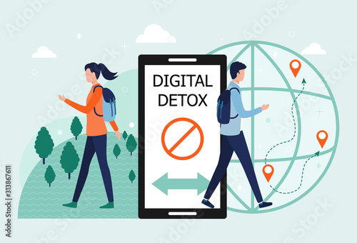 Digital detox concept. A man and a woman exit the smartphone. The idea of abandoning gadgets, devices, the Internet, socializing on social networks, a healthy lifestyle, leisure, travel. Flat vector