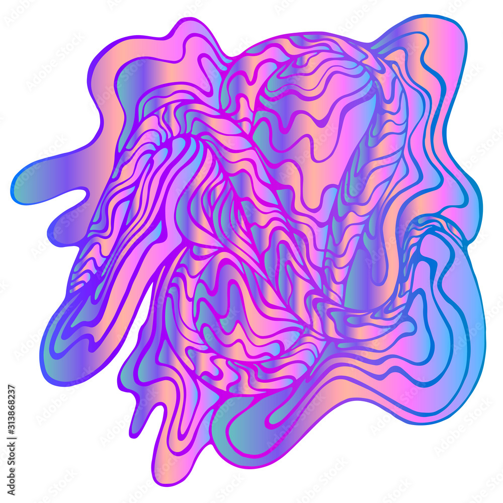 Psychedelic abstract decorative waves ornament, bright neon gradient color, isolated white background