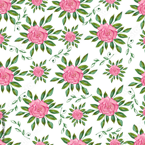 Watercolor seamless pattern of air roses and green leaves. © Любовь Анохина