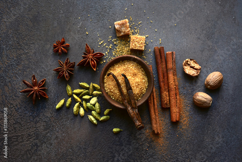 Fototapeta Naklejka Na Ścianę i Meble -  Variety of winter spices. Top view with copy space.