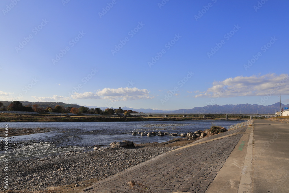 Karasu River and Mount Haruna in Takasaki city, Gunma, Japan