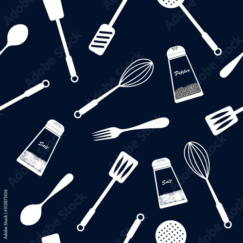  Seamless pattern: dishes and cutlery in white on a blue background. flat vector. illustration