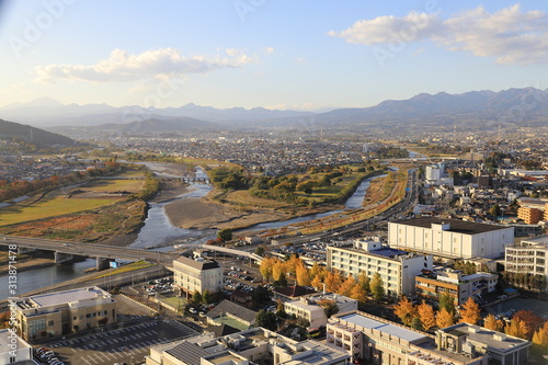 Aerial view of Takasaki city, Mount Asama and Mount Haruna, Gunma, Japan photo
