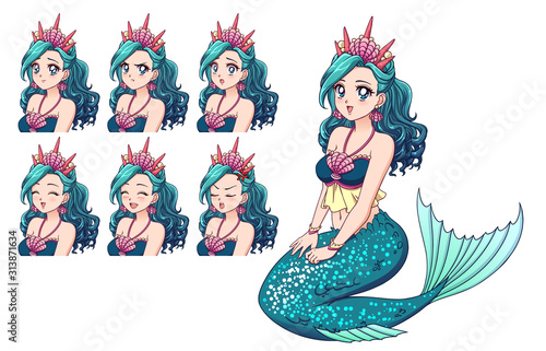 Illustration of anime mermaid and her expressions set. Cyan fish tail  cyan hair and cute big blue eyes. Hand drawn vector illustration.