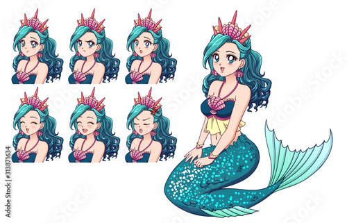 Illustration of anime mermaid and her expressions set. Cyan fish tail, cyan hair and cute big blue eyes. Hand drawn vector illustration.