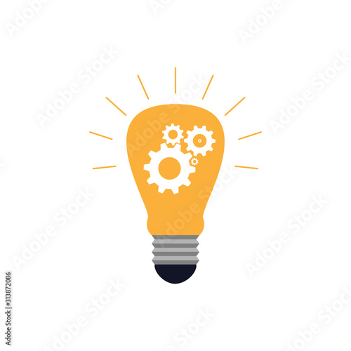 Orange light bulb with gears and beams. A symbol of creativity, progressive thinking, new ideas, goal achievement and planning. Flat vector illustration isolated on white background.