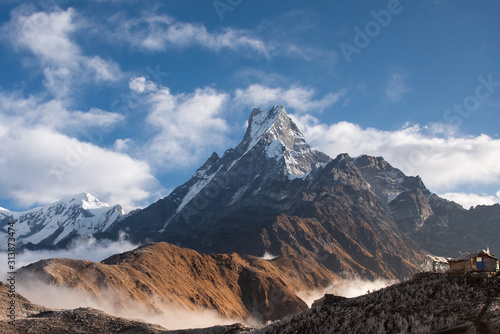 Nepal , Mardi himal : Stuning scenic viewpoint landmark of Madi himal viewpoint at 4200 m. above the sea  with Macchapucchre mountain in Annapurna Conservation Area , Nepal
