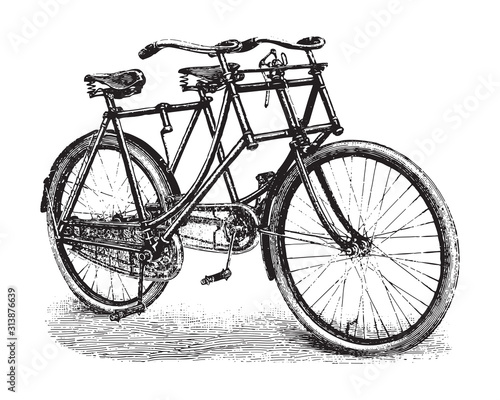 Old bicycle - tandem bicycle / vintage illustration from Brockhaus Konversations-Lexikon 1908