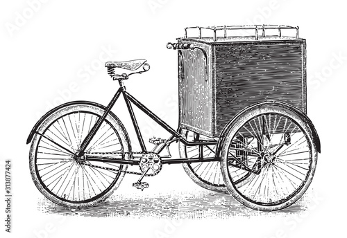 Old bicycle - tricycle / vintage illustration from Brockhaus Konversations-Lexikon 1908