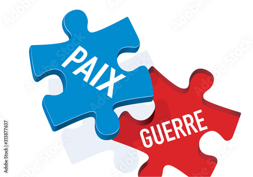 Concept de l’opposition entre l’hostilité et la fraternité avec une pièce de puzzle qui remplace symboliquement la guerre par la paix.