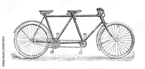 Old bicycle - tandem bicycle / vintage illustration from Brockhaus Konversations-Lexikon 1908