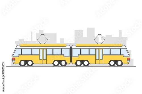 Flat style tram car with city landscape behind isolated on white background. Side view cartoon vector illustration.