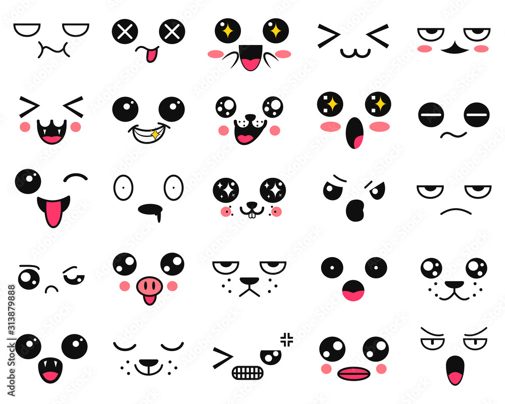 Kawaii set Cartoon Japanese cute emoticons smile laugh anger and cry  emotions with big black eyes Vector illustrations funny anime expressions  face element concept Stock Vector  Adobe Stock