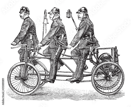old fire brigade bicycle / vintage illustration from Brockhaus Konversations-Lexikon 1908