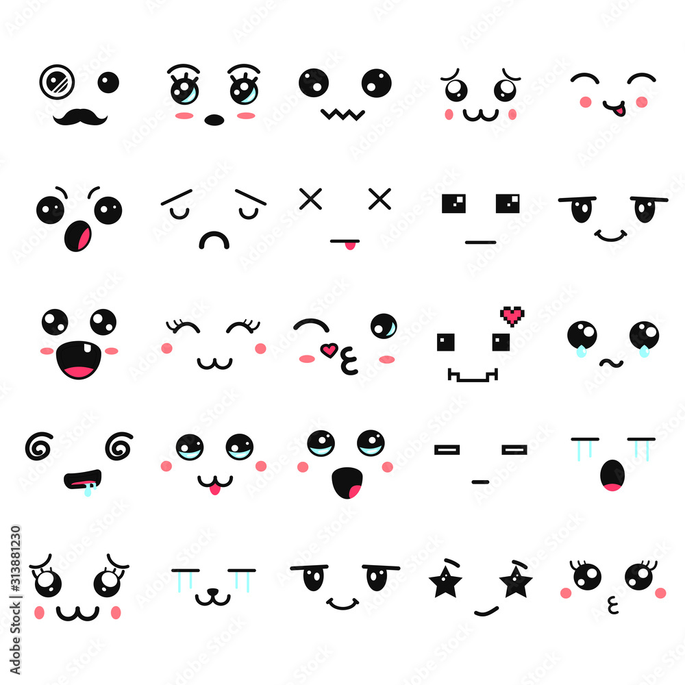 Collection Of Cartoon Faces Expressions Emoticons In Anime Style Vector  Illustration Of Emotions For Your Design Game Card Stock Illustration   Download Image Now  iStock