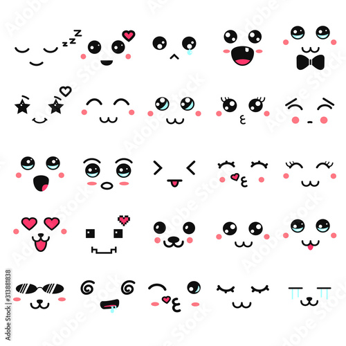 Kawaii cute faces. Manga style eyes and mouths. Funny cartoon japanese emoticon in in different expressions. Expression anime character and emoticon face illustration. Background, Wallpaper.