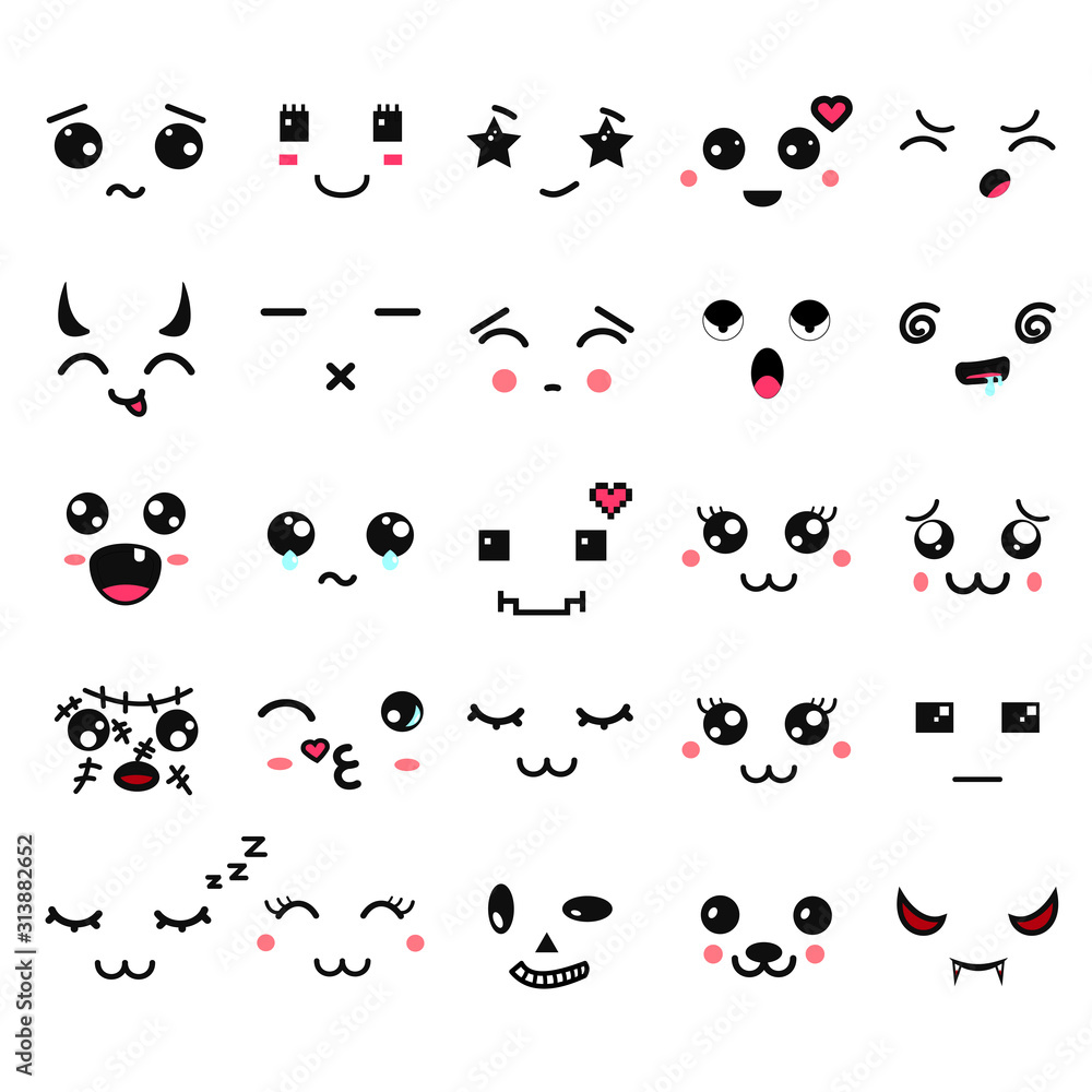 Kawaii cute faces. Manga style eyes and mouths. Funny cartoon japanese emoticon in in different expressions. Expression anime character and emoticon face illustration. Background, Wallpaper. Kawaii cute faces. Manga style eyes and mouths. Funny cartoon japanese emoticon in in different expressions. Expression anime character and emoticon face illustration. Background, Wallpaper.