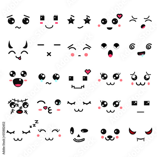 Kawaii cute faces. Manga style eyes and mouths. Funny cartoon japanese emoticon in in different expressions. Expression anime character and emoticon face illustration. Background  Wallpaper.