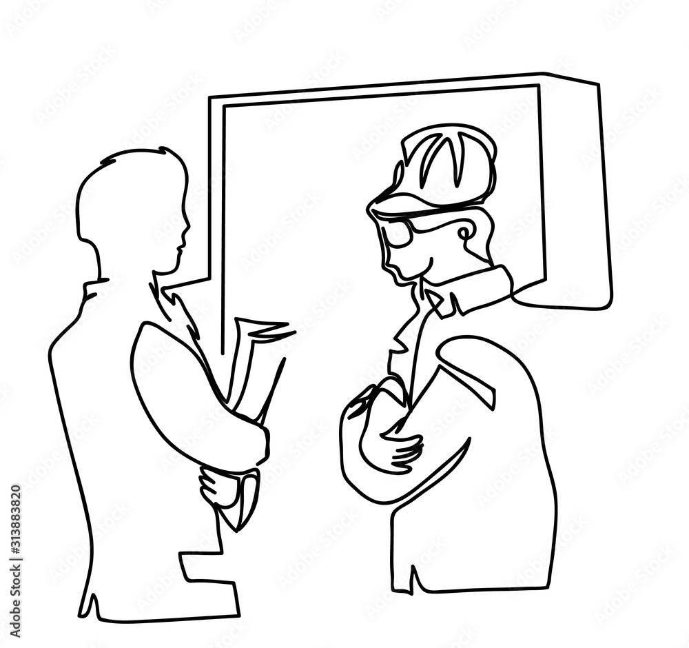 One continuous line drawing of building architecture business concept. Simple line art drawing of construction manager giving instruction One continuous line drawing of building architecture business concept. Simple line art drawing of construction manager giving instruction