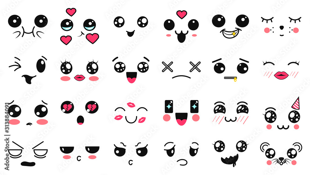 Fototapeta premium Kawaii cute faces. Manga style eyes and mouths. Funny cartoon japanese emoticon in in different expressions. Expression anime character and emoticon face illustration. Background, Wallpaper.
