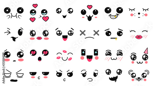 Kawaii cute faces. Manga style eyes and mouths. Funny cartoon japanese emoticon in in different expressions. Expression anime character and emoticon face illustration. Background, Wallpaper.