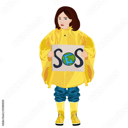 Girl in a yellow cloak and a banner in her hands. Environmental activist against global warming. Vector illustration.
