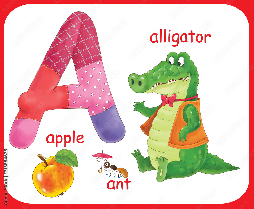 English alphabet. ABC. Capital letter A. Alligator, apple, ant. Coloring  book. Coloring page. Illustration for children. Cute cartoon characters  isolated on white background. Card. Poster Stock Illustration | Adobe Stock