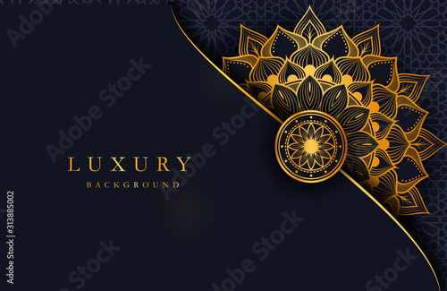 Luxury background with gold islamic arabesque mandala ornament on dark surface