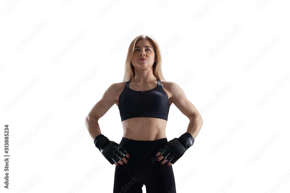 MMA female fighters isolated on white background. MMA female fighters isolated on white background.