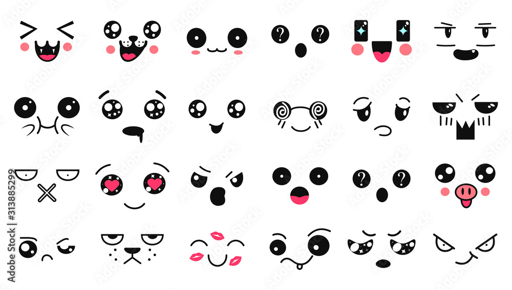 Kawaii cute faces. Manga style eyes and mouths. Funny cartoon japanese emoticon in in different expressions. Expression anime character and emoticon face illustration. Background, Wallpaper. Kawaii cute faces. Manga style eyes and mouths. Funny cartoon japanese emoticon in in different expressions. Expression anime character and emoticon face illustration. Background, Wallpaper.