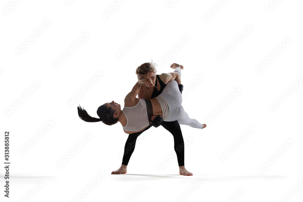 MMA female fighters isolated on white background. MMA female fighters isolated on white background.