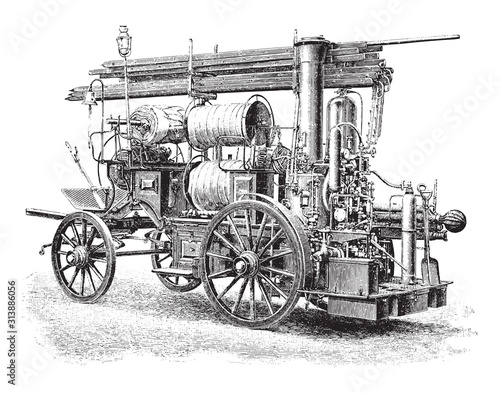 old fire brigade car - fire truck / vintage illustration from Brockhaus Konversations-Lexikon 1908