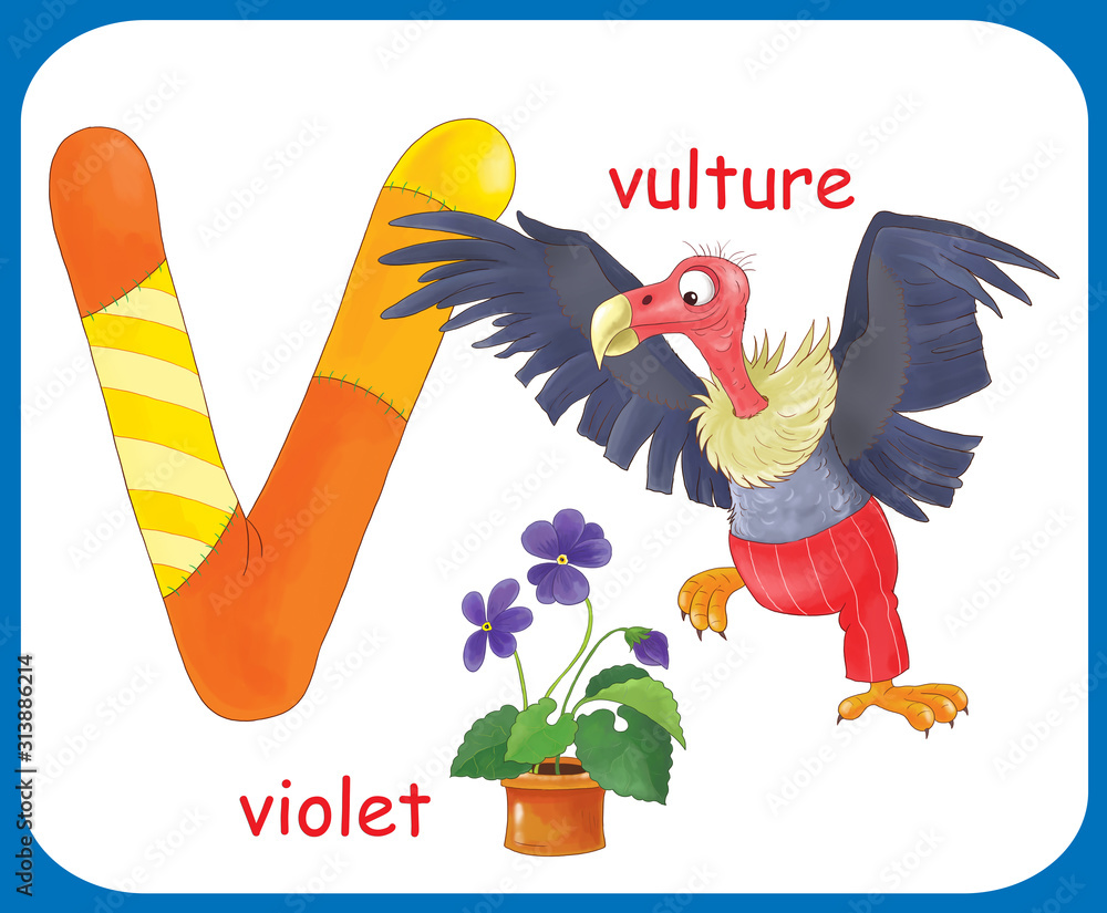 English alphabet. ABC. Capital letter V. Vulture, violet. Coloring book.  Coloring page. Illustration for children. Cute cartoon characters isolated  on white background. Card. Poster Stock Illustration | Adobe Stock