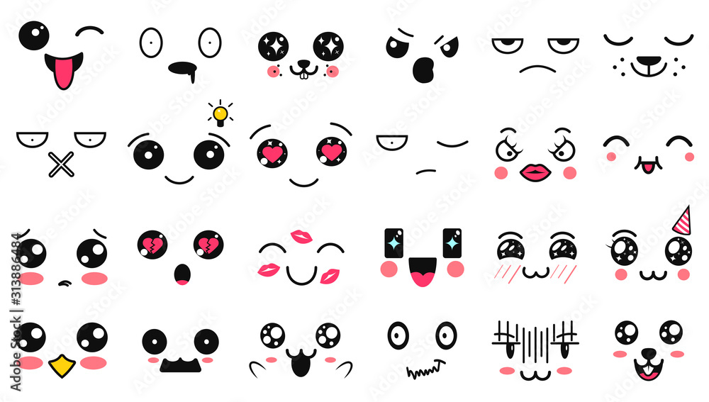 Naklejka premium Kawaii cute faces. Manga style eyes and mouths. Funny cartoon japanese emoticon in in different expressions. Expression anime character and emoticon face illustration. Background, Wallpaper.