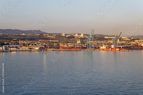 panorama view of port of marseille france docks terminal ships boats sunset