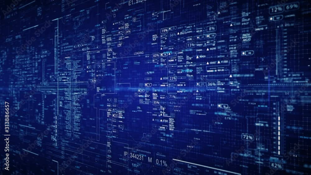 HUD elements on monitors.Abstract SciFi futuristic technological intro.Digital inphograghic with world map animated.Data display for techno broadcast background. Blue.Type 1 HUD elements on monitors.Abstract SciFi futuristic technological intro.Digital inphograghic with world map animated.Data display for techno broadcast background. Blue.Type 1