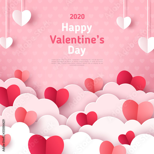Valentine's day concept background. Vector illustration. 3d red and pink paper cut hearts with white clouds. Cute love sale banner or greeting card